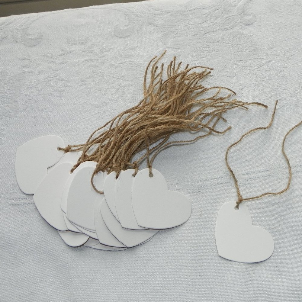 25 Tags White Heart Burlap Name Label - Picture 2 of 4